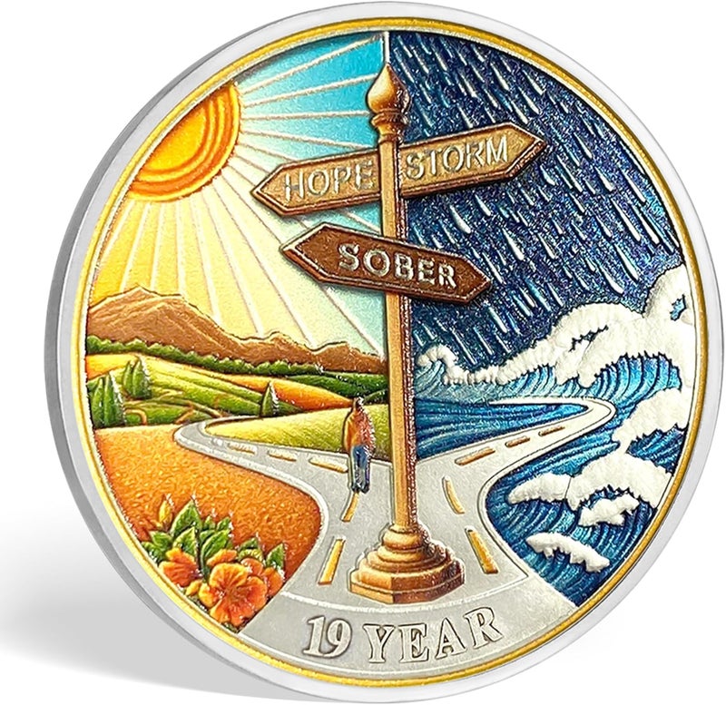 Imasoner 19 Year Sobriety Coin – Road Sign AA Medallion with Serenity Prayer | NA AA HA Recovery Chip Token | Sobriety Gift for Men & Women Celebrating Addiction Recovery Milestone - Image 1